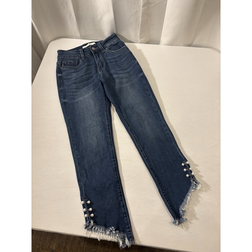 KanCan Ankle Jeans Hi Lo Fringed Hem Faux Pearl Studs Size 1/24